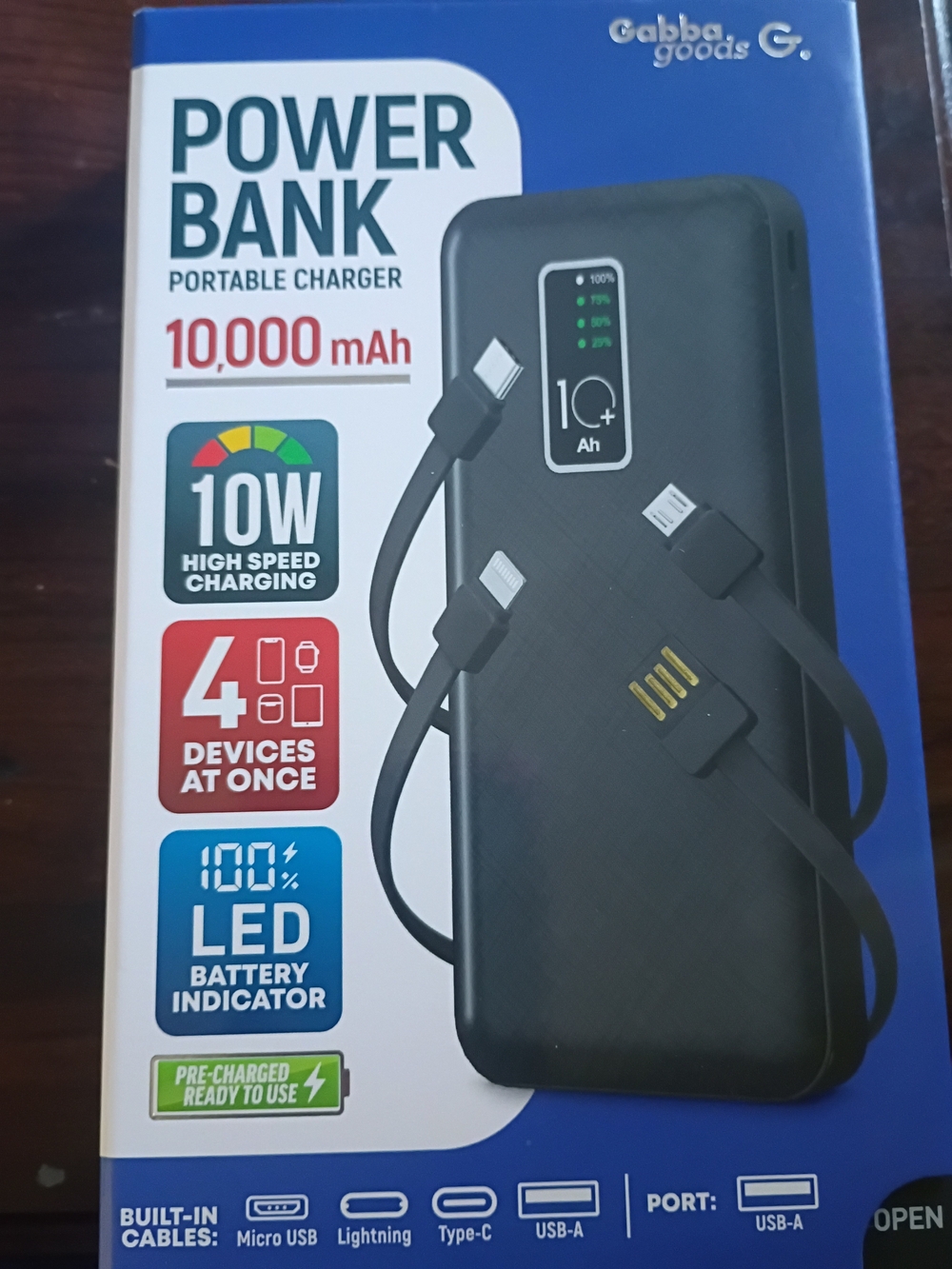 Gabba Goods Black 10,000mAh Power Bank Portable Charger
